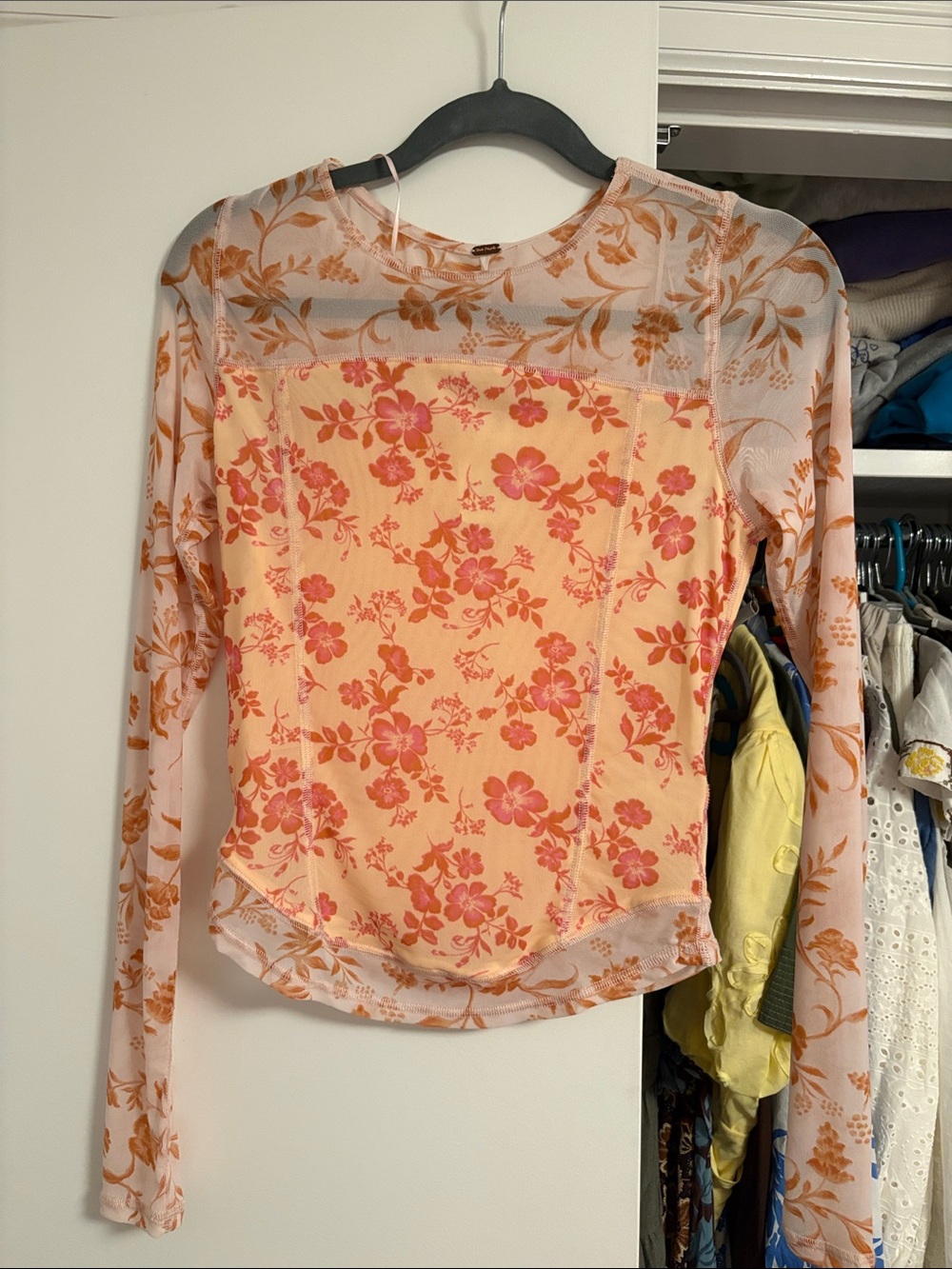 Free People Peach Floral Mesh Long Sleeve Tee with Pink Flowers